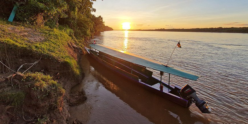 Båt på elv i regnskogen i Amazonas